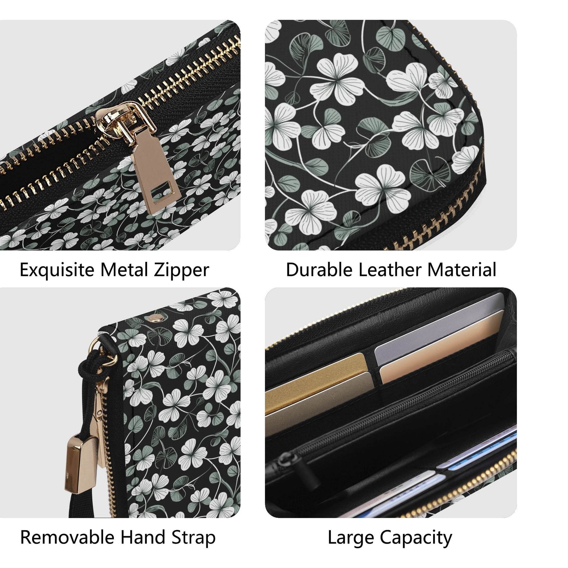 White and Green Clover Leather Zipper Wristlet Wallet - DeRose Seasonal