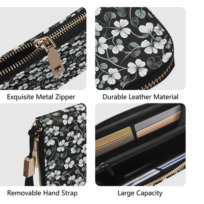 White and Green Clover Leather Zipper Wristlet Wallet - DeRose Seasonal