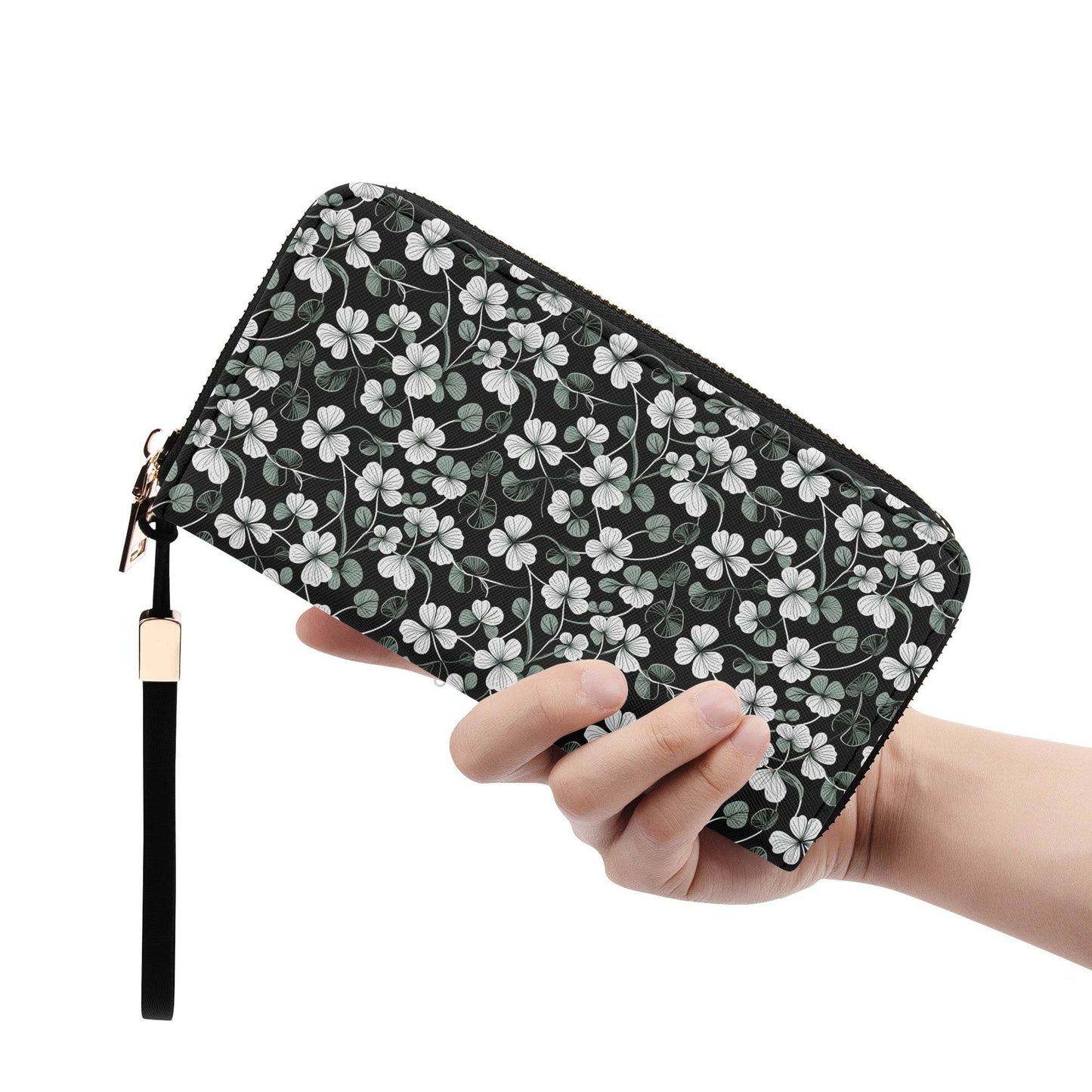 White and Green Clover Leather Zipper Wristlet Wallet - DeRose Seasonal