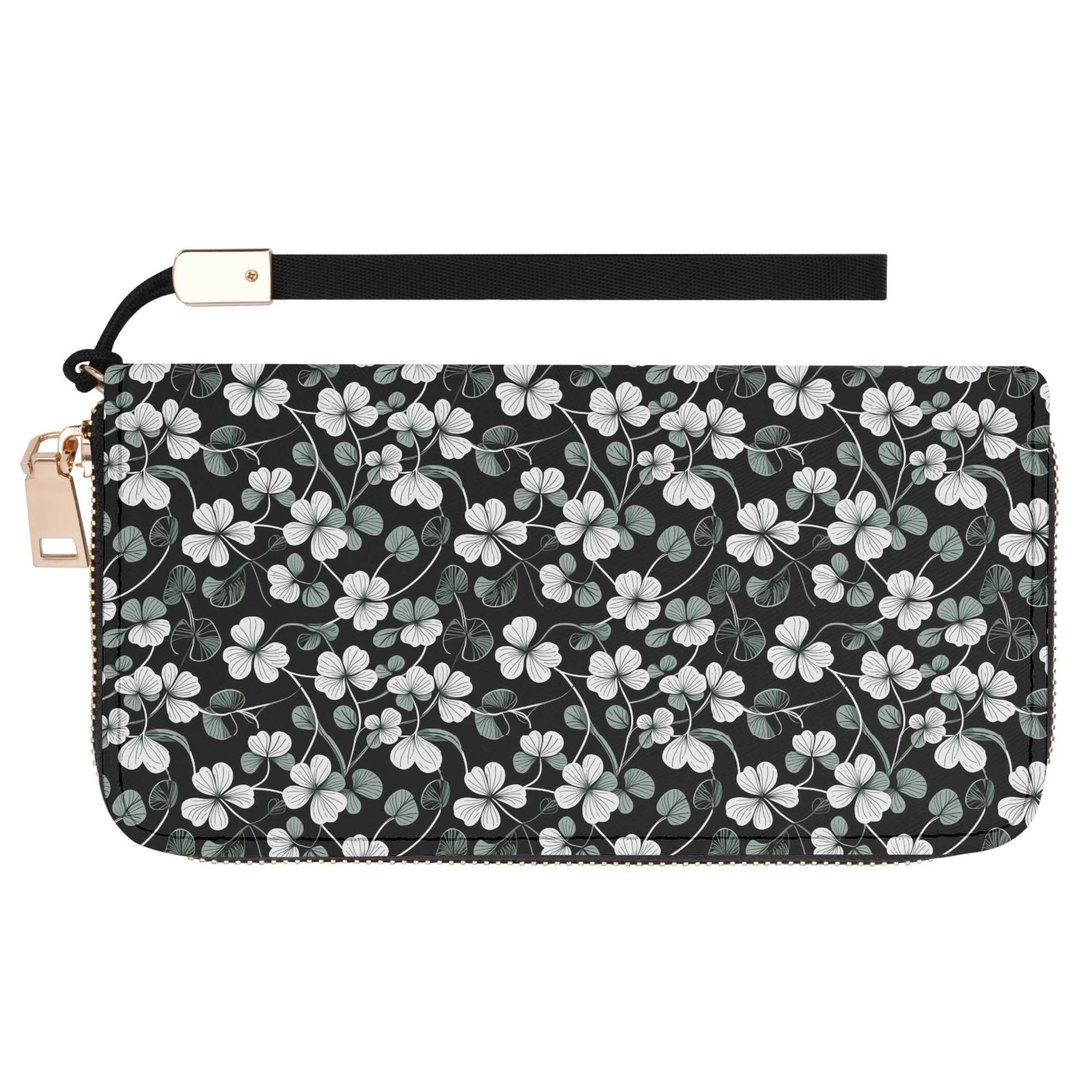 White and Green Clover Leather Zipper Wristlet Wallet - DeRose Seasonal