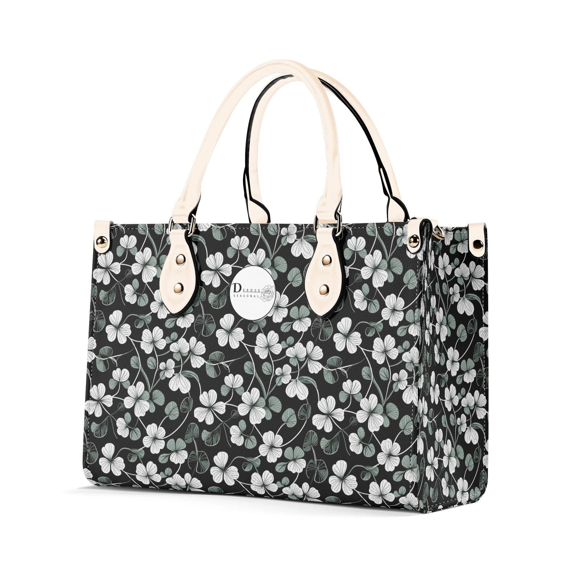 White and Green Clover Luxury Women Leather Handbag (3 sizes) - DeRose Seasonal