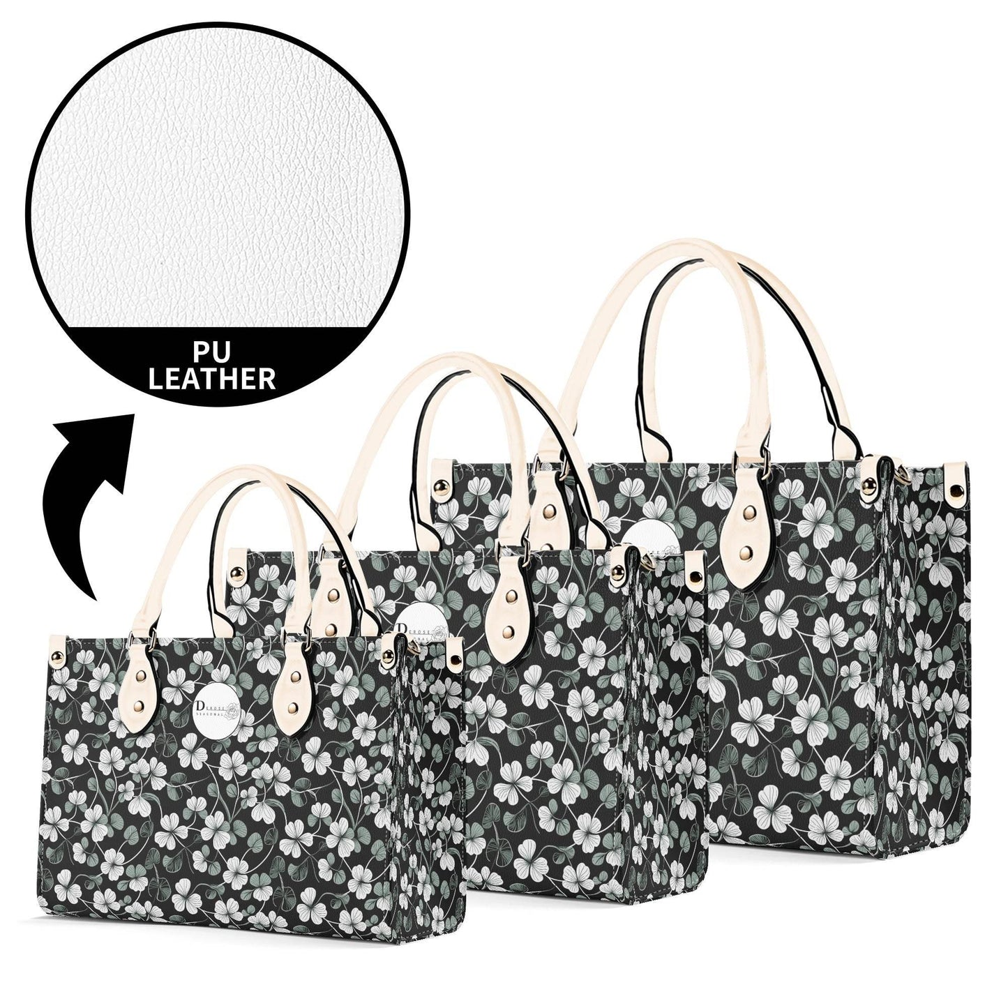 White and Green Clover Luxury Women Leather Handbag (3 sizes) - DeRose Seasonal