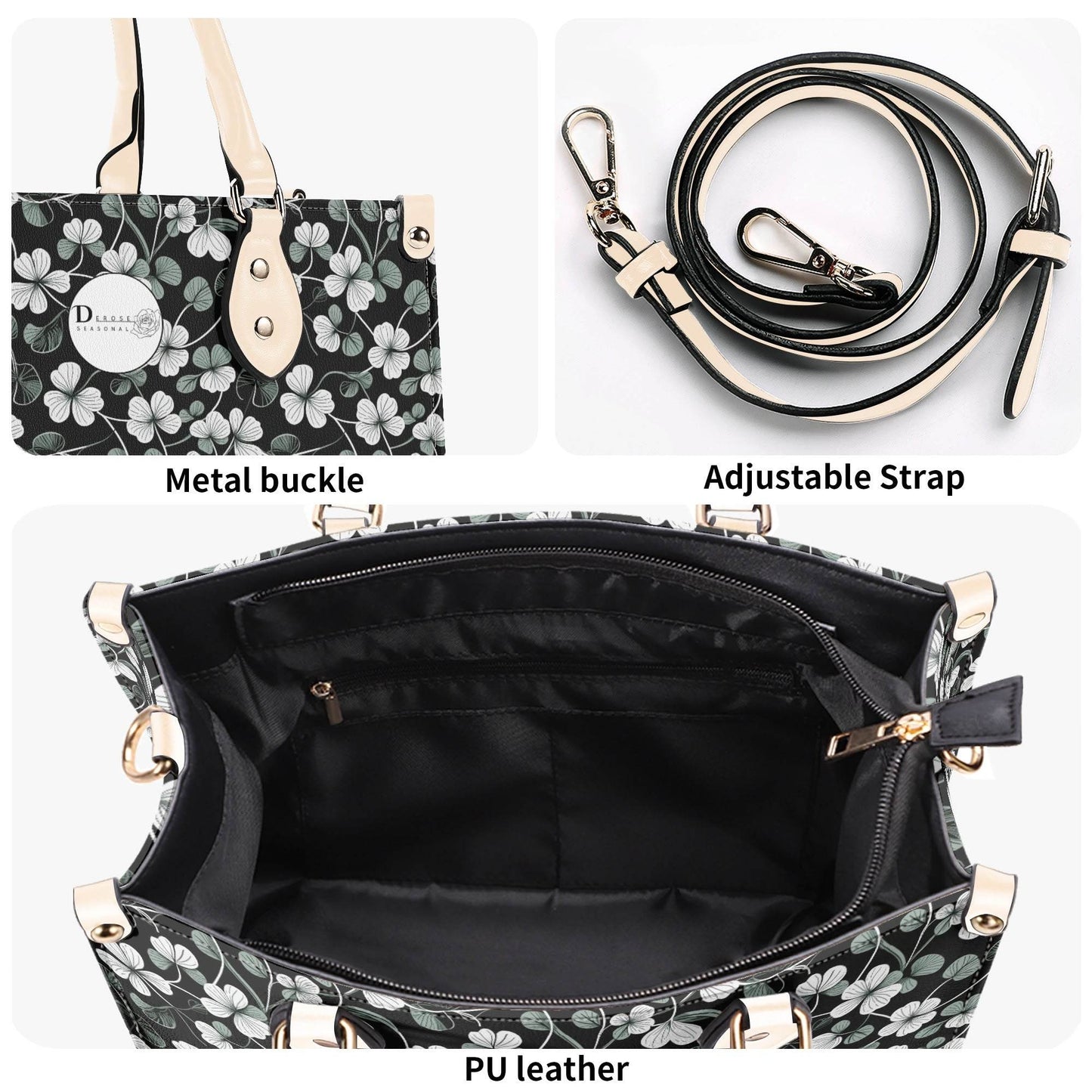 White and Green Clover Luxury Women Leather Handbag (3 sizes) - DeRose Seasonal
