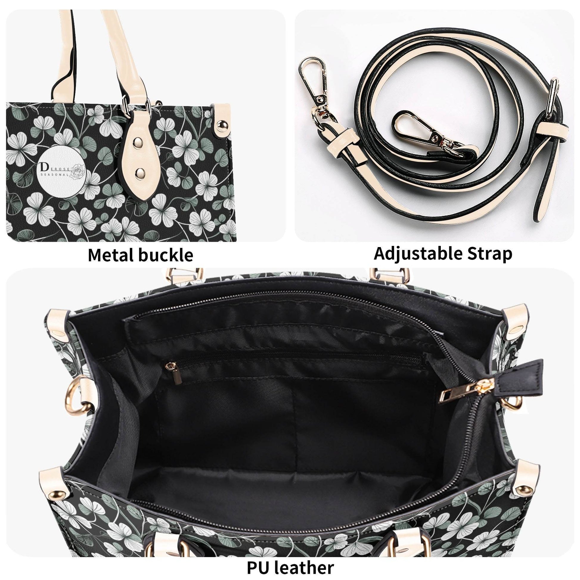 White and Green Clover Luxury Women Leather Handbag (3 sizes) - DeRose Seasonal