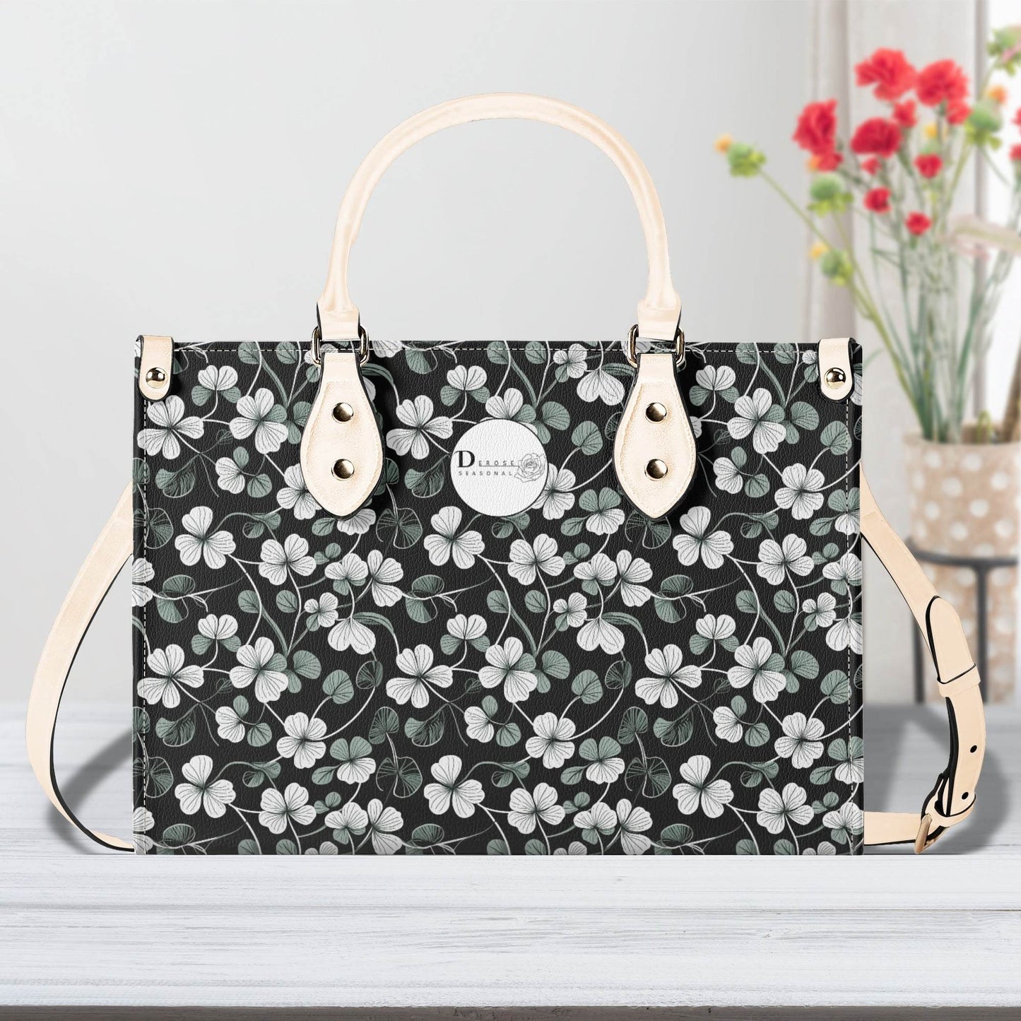 White and Green Clover Luxury Women Leather Handbag (3 sizes) - DeRose Seasonal