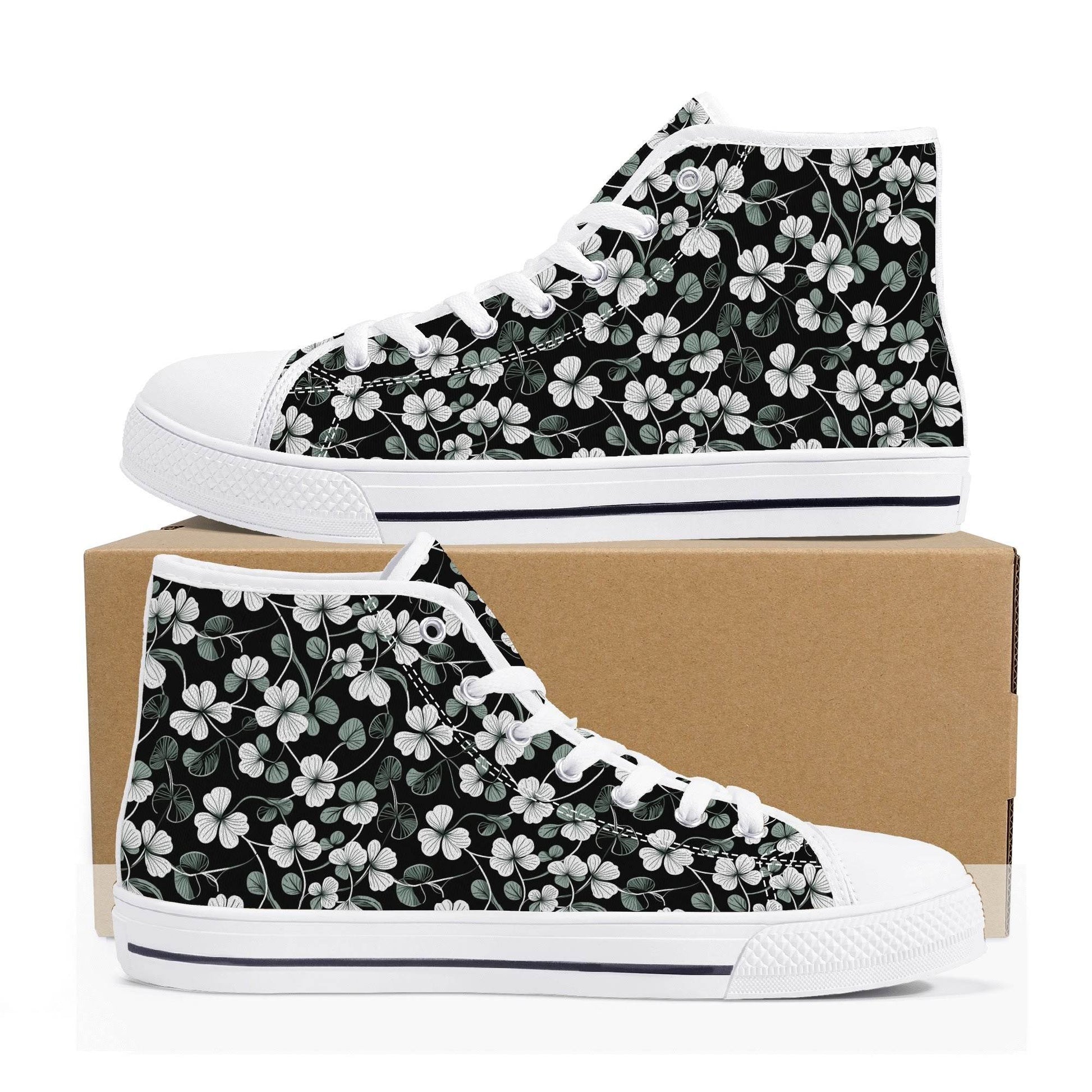 White and Green Clover Men's High Top Canvas Shoes - DeRose Seasonal