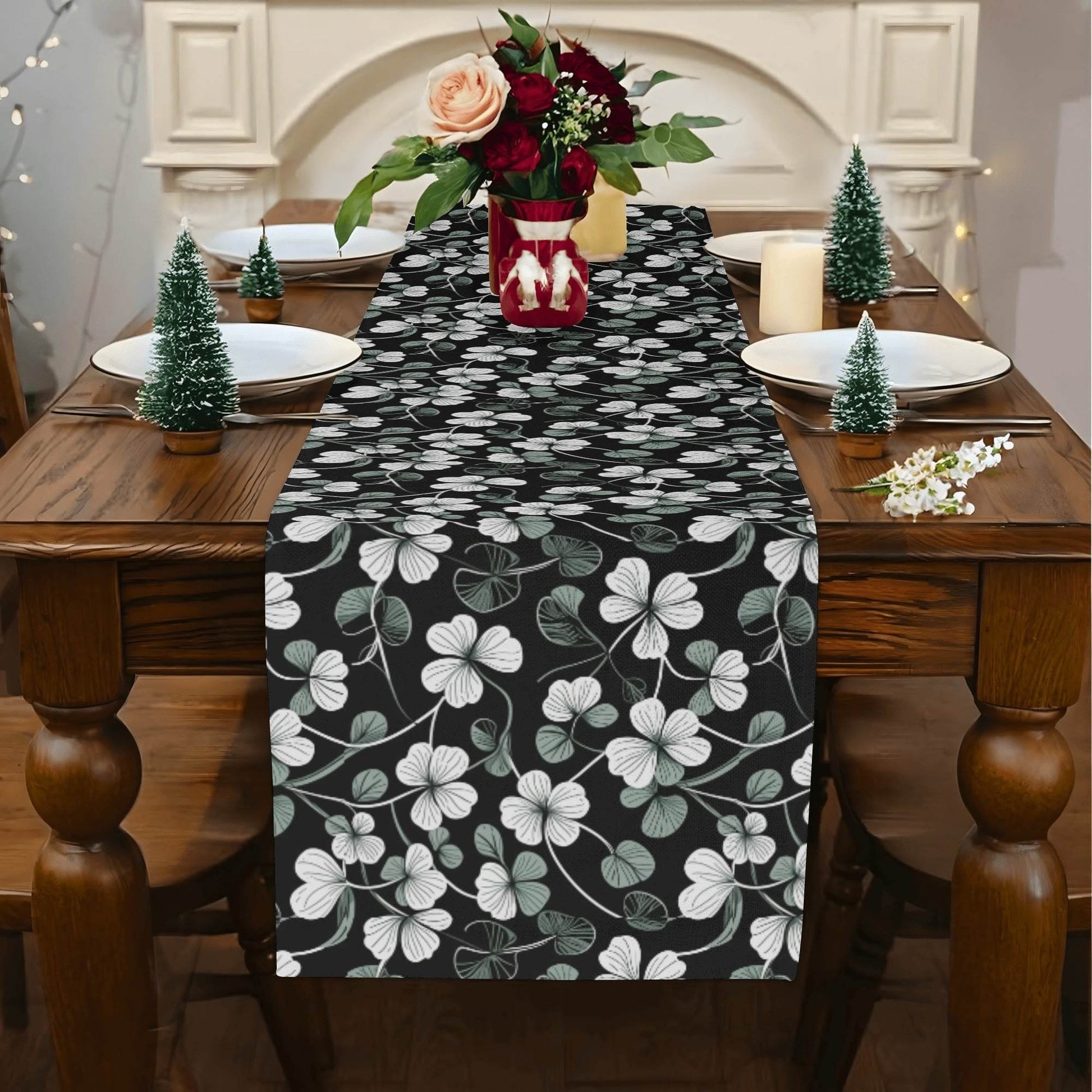 White and Green Clover Polyester Table Runner - DeRose Seasonal