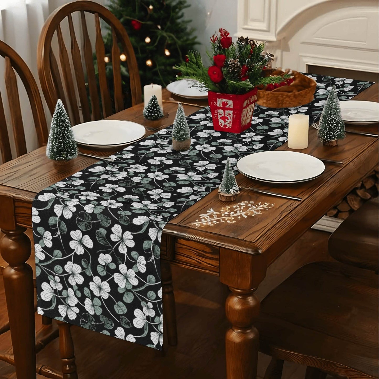 White and Green Clover Polyester Table Runner - DeRose Seasonal