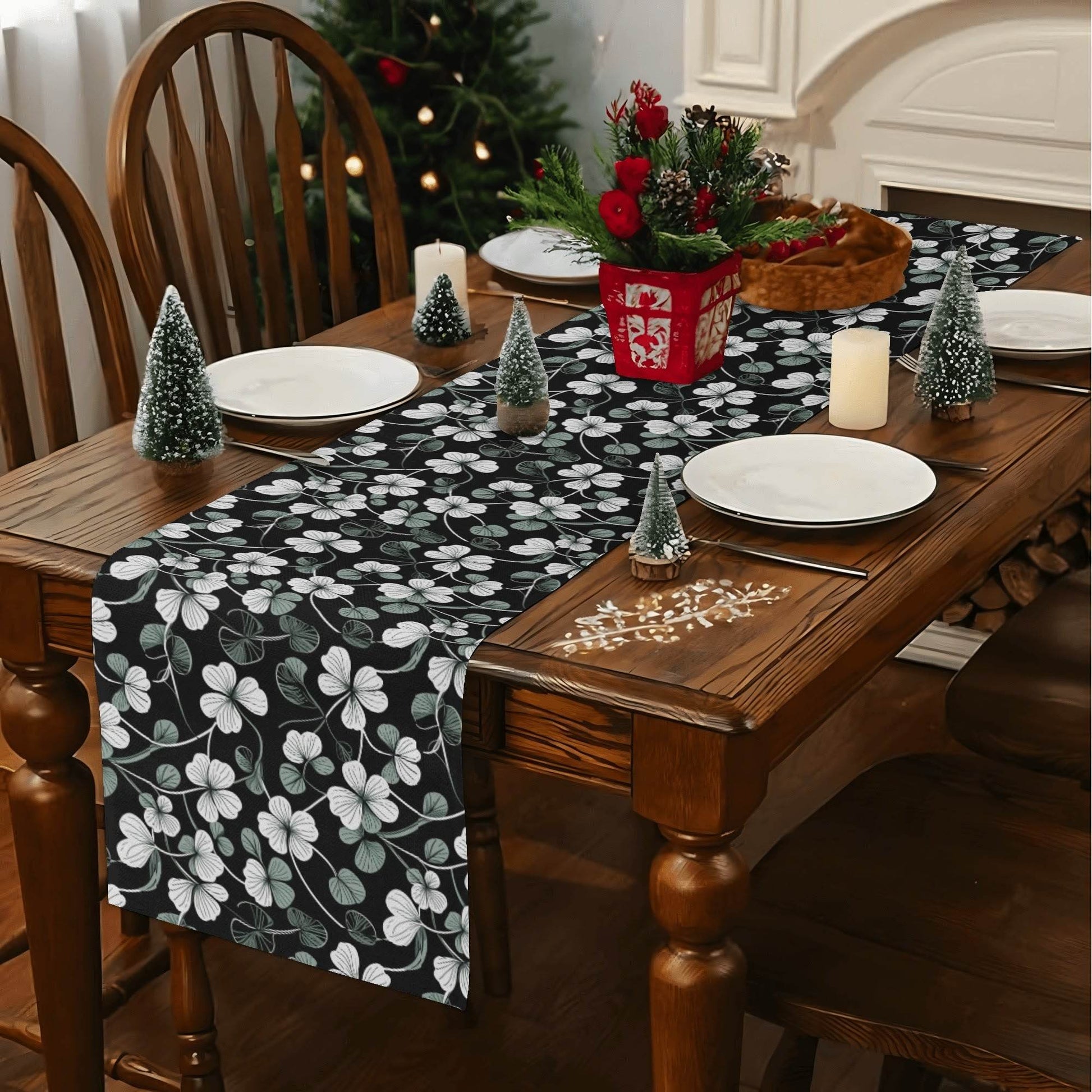 White and Green Clover Polyester Table Runner - DeRose Seasonal
