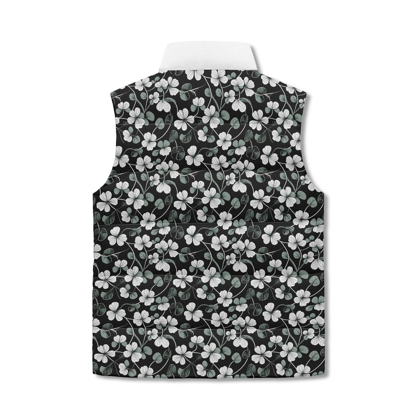White and Green Clover Unisex Lightweight Stand Collar Zip Up Puffer Vest - DeRose Seasonal