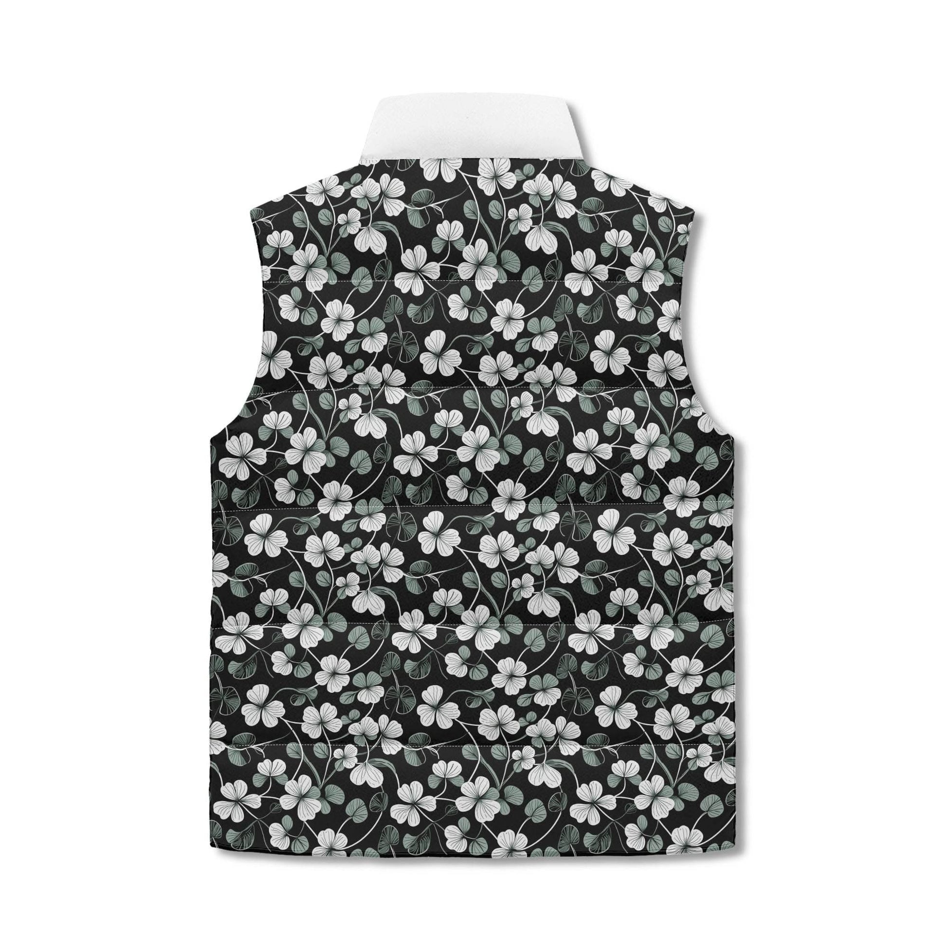White and Green Clover Unisex Lightweight Stand Collar Zip Up Puffer Vest - DeRose Seasonal