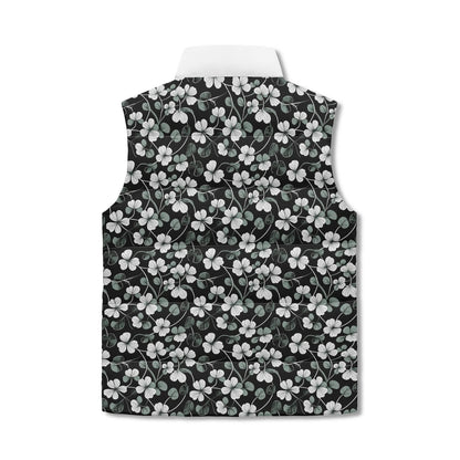 White and Green Clover Unisex Lightweight Stand Collar Zip Up Puffer Vest - DeRose Seasonal