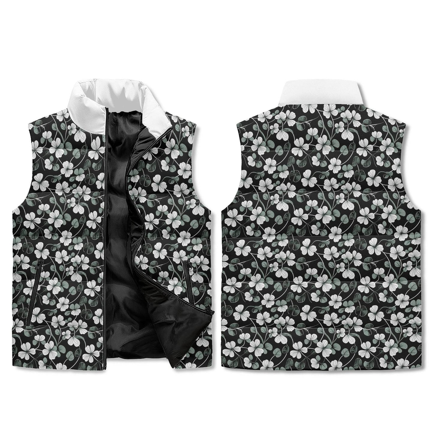 White and Green Clover Unisex Lightweight Stand Collar Zip Up Puffer Vest - DeRose Seasonal