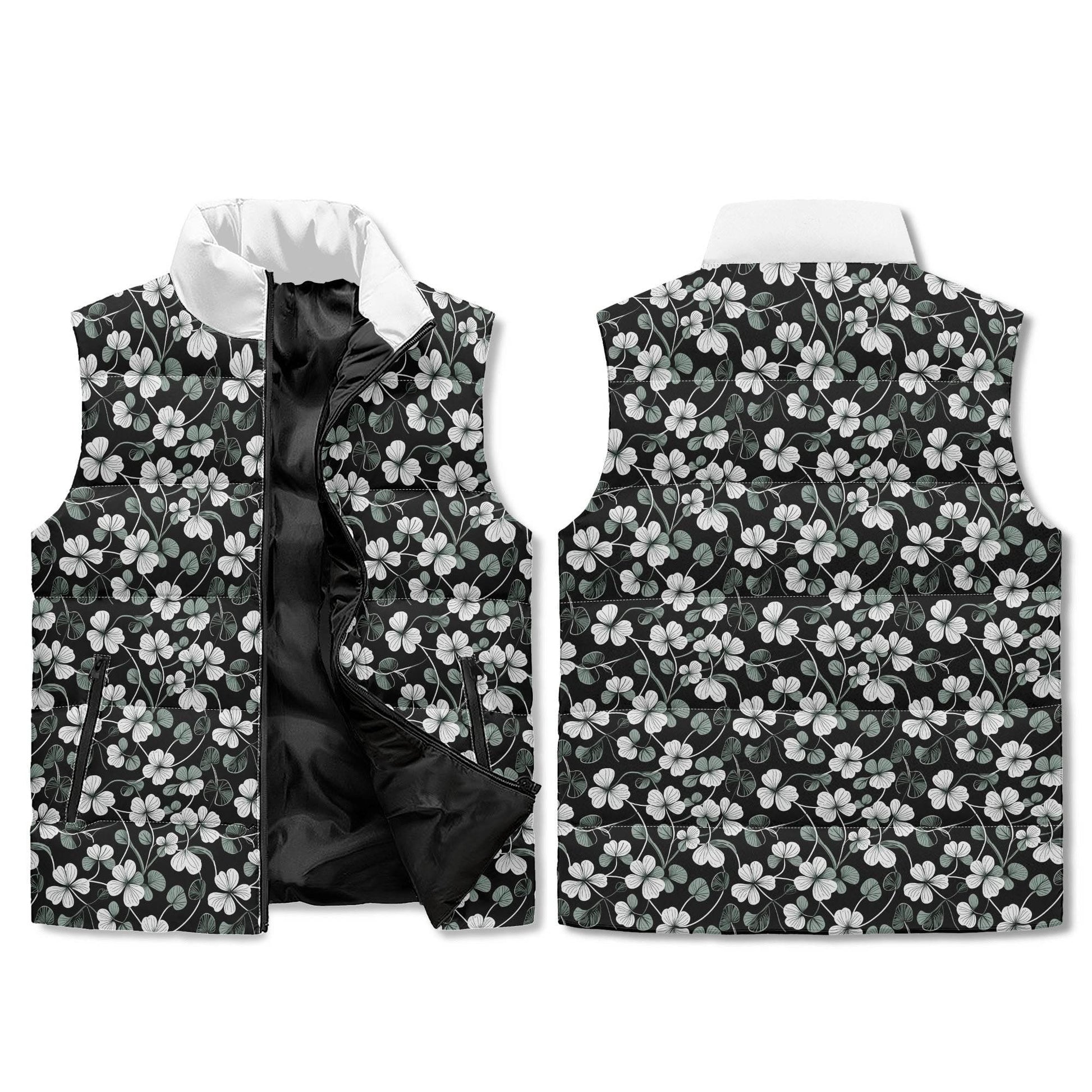 White and Green Clover Unisex Lightweight Stand Collar Zip Up Puffer Vest - DeRose Seasonal