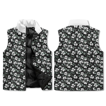 White and Green Clover Unisex Lightweight Stand Collar Zip Up Puffer Vest - DeRose Seasonal