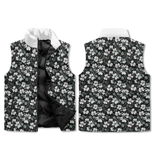 White and Green Clover Unisex Lightweight Stand Collar Zip Up Puffer Vest - DeRose Seasonal