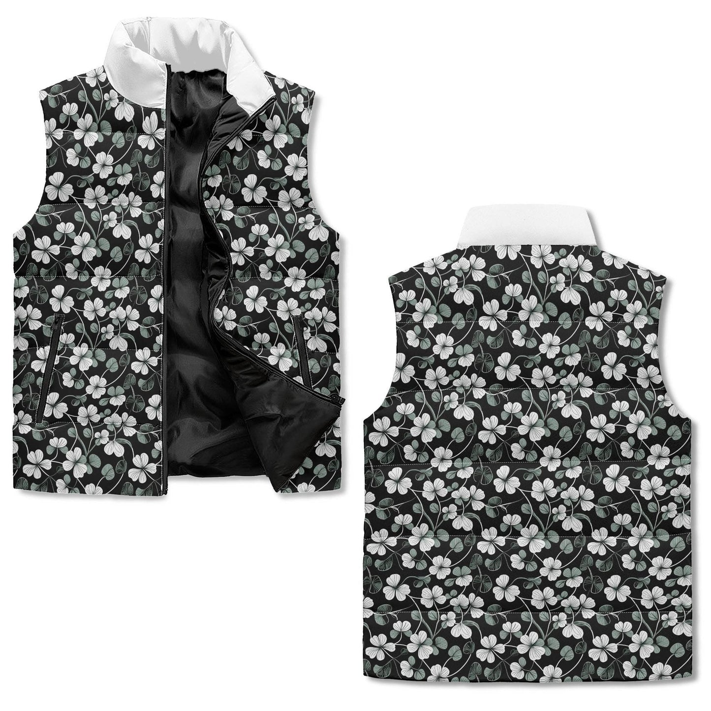 White and Green Clover Unisex Lightweight Stand Collar Zip Up Puffer Vest - DeRose Seasonal
