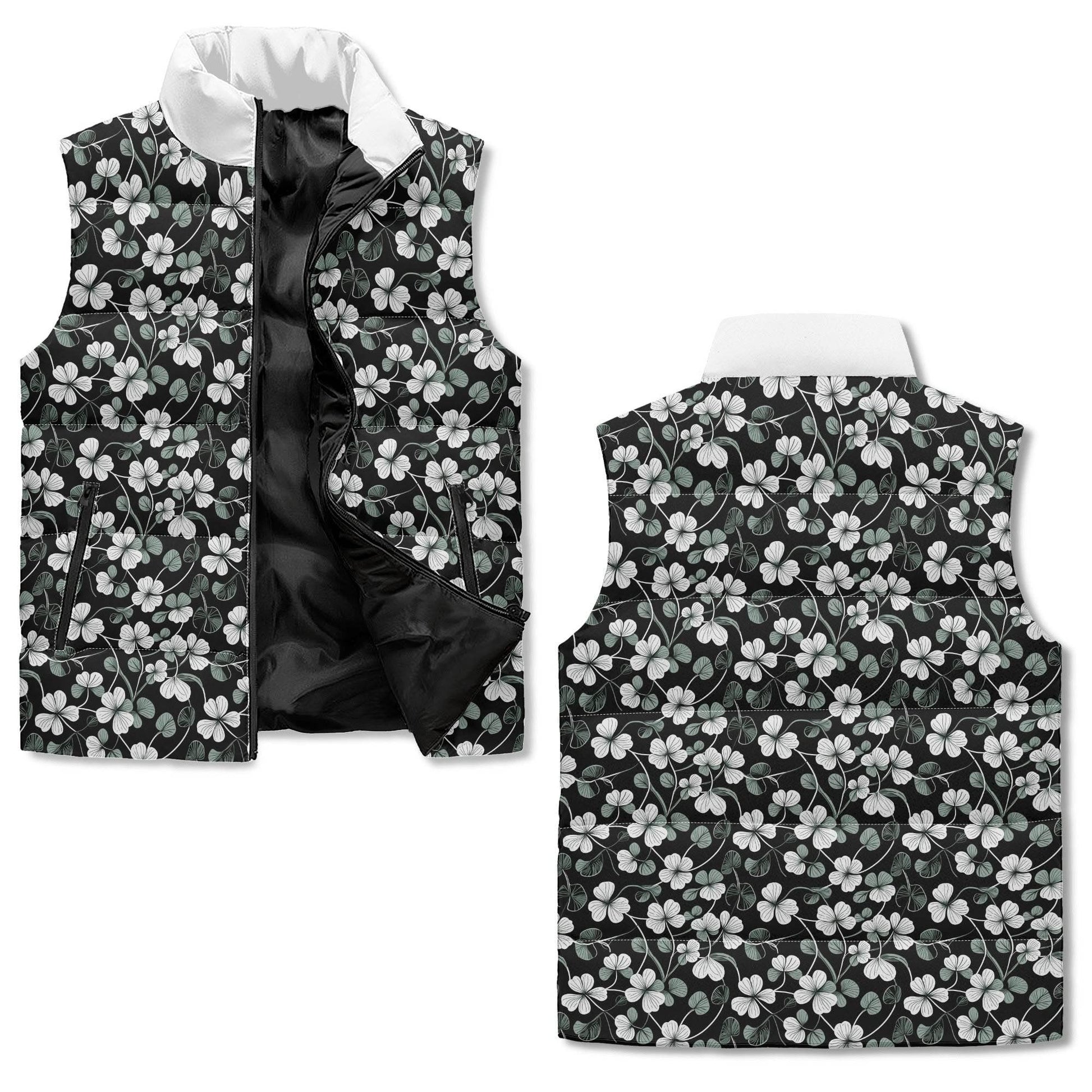 White and Green Clover Unisex Lightweight Stand Collar Zip Up Puffer Vest - DeRose Seasonal