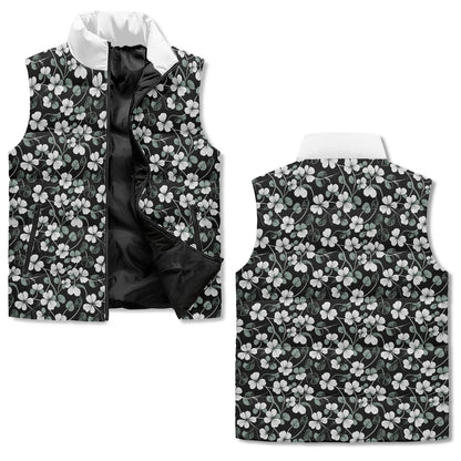 White and Green Clover Unisex Lightweight Stand Collar Zip Up Puffer Vest - DeRose Seasonal
