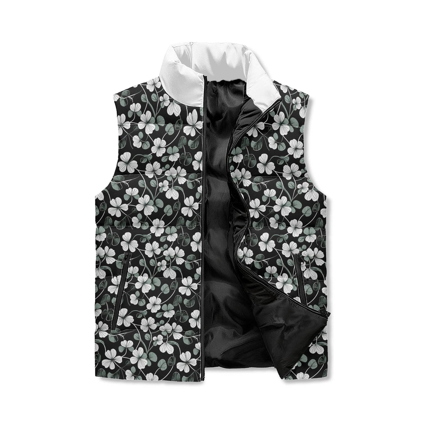 White and Green Clover Unisex Lightweight Stand Collar Zip Up Puffer Vest - DeRose Seasonal