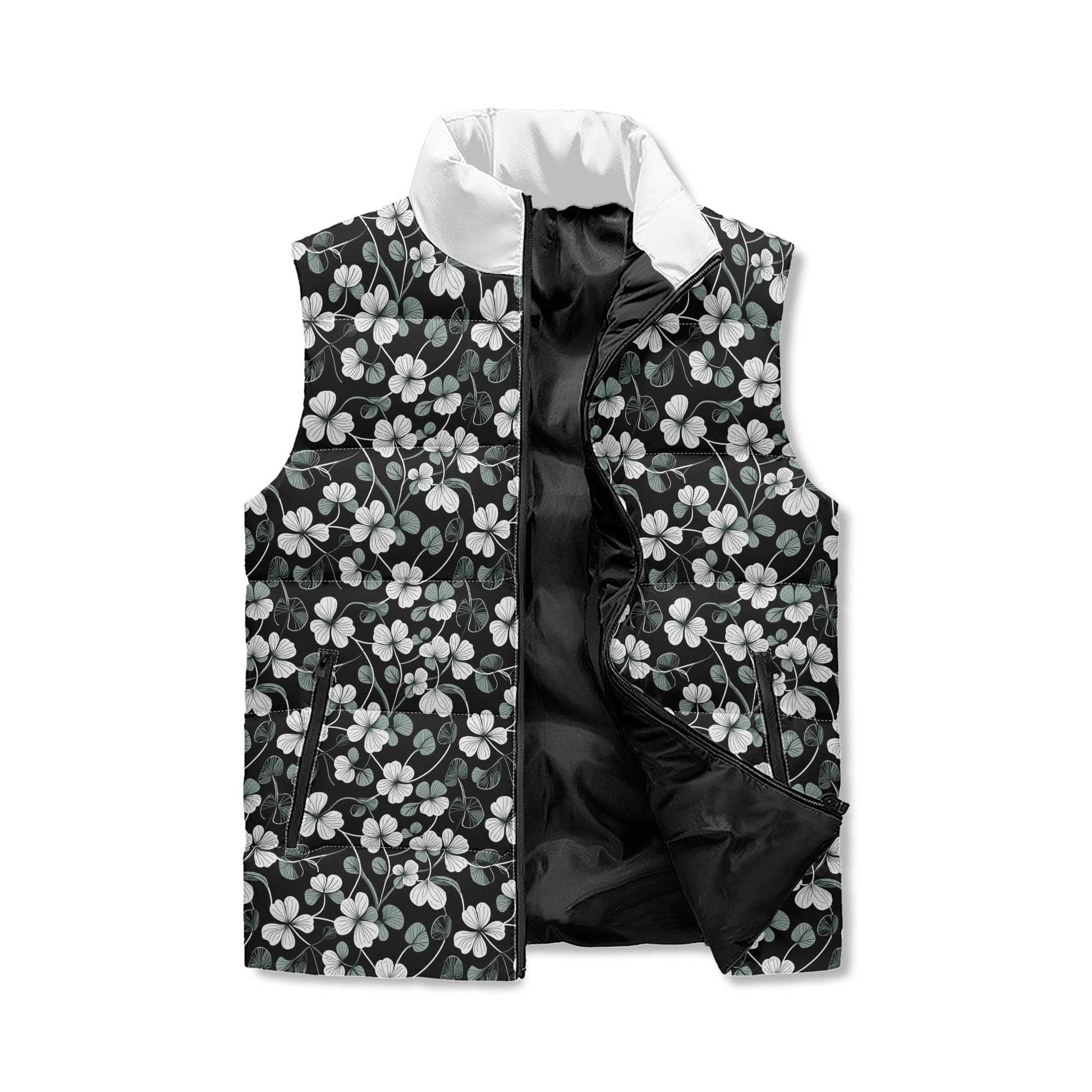 White and Green Clover Unisex Lightweight Stand Collar Zip Up Puffer Vest - DeRose Seasonal