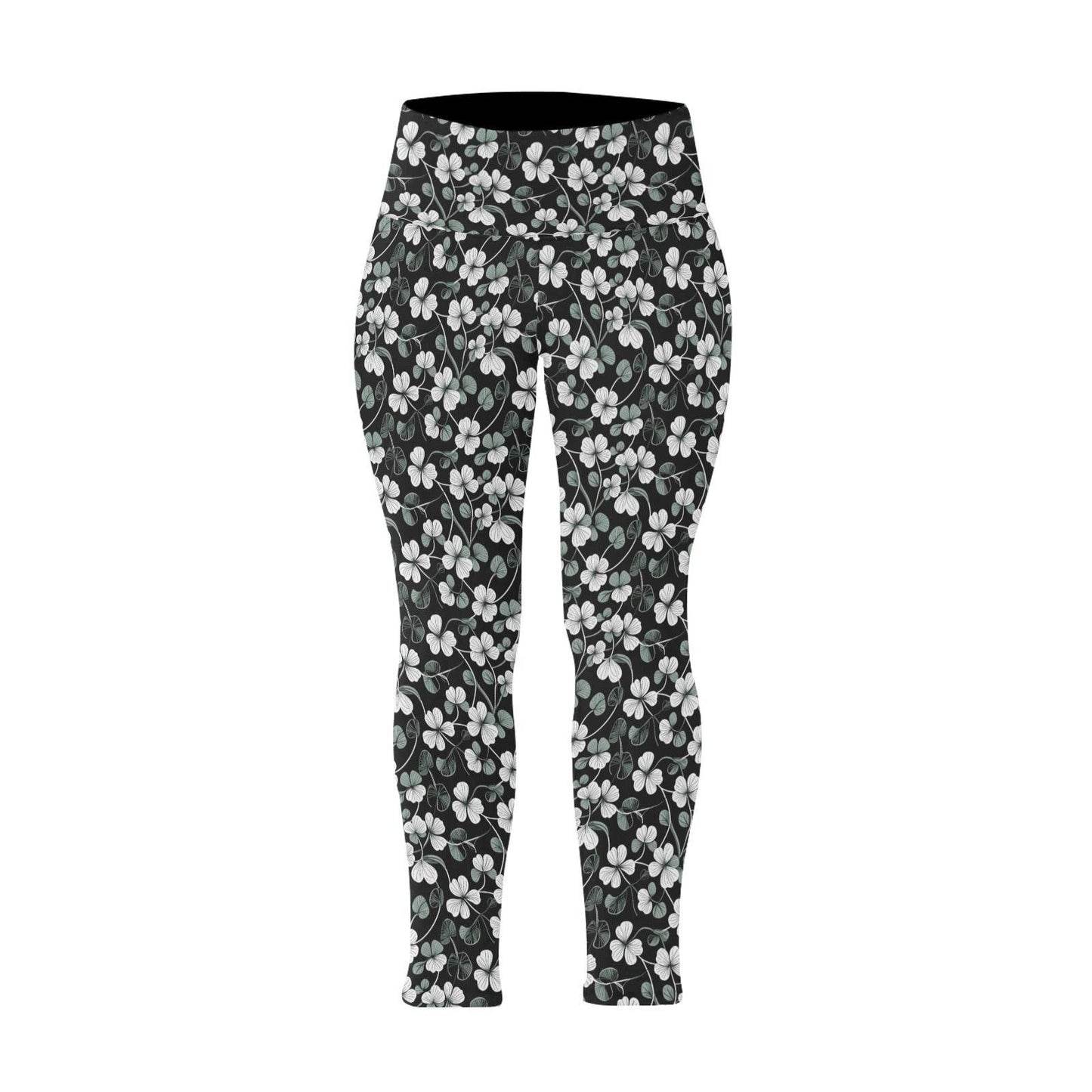 White and Green Clover Women's Plus Size High Waited Leggings Women's High Waist Leggings(Plus Size)(ModelL45) - DeRose Seasonal