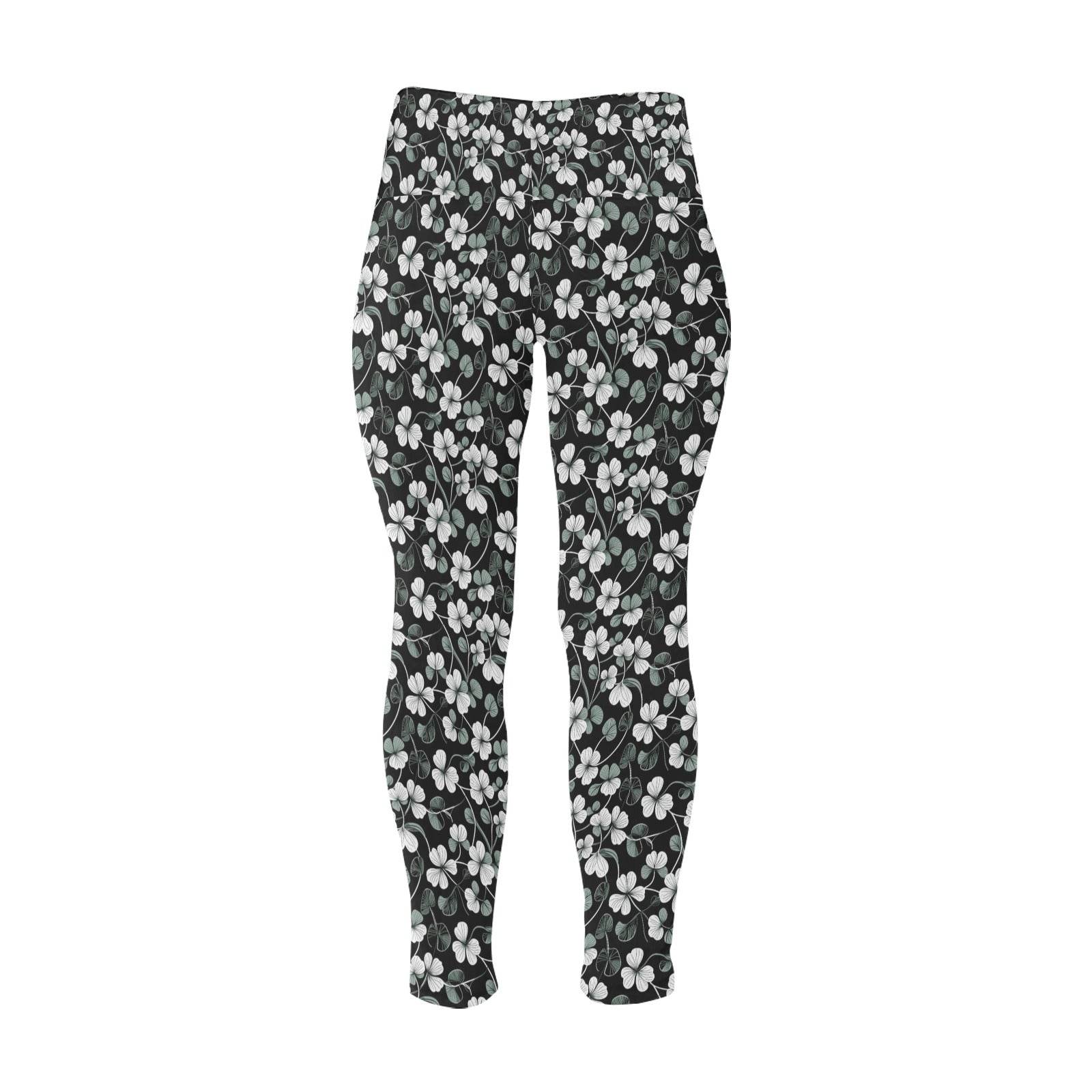 White and Green Clover Women's Plus Size High Waited Leggings Women's High Waist Leggings(Plus Size)(ModelL45) - DeRose Seasonal