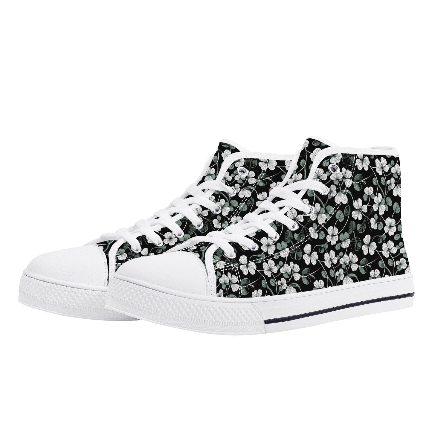 White and Green Clover Women's High Top Canvas Shoes - DeRose Seasonal