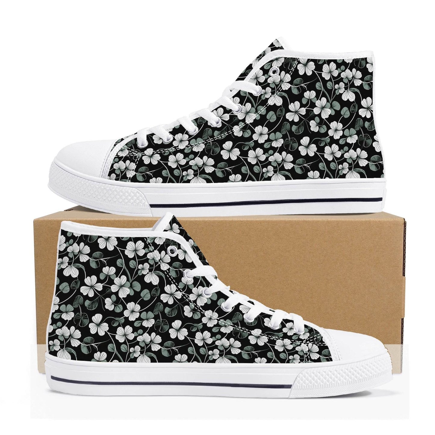 White and Green Clover Women's High Top Canvas Shoes - DeRose Seasonal