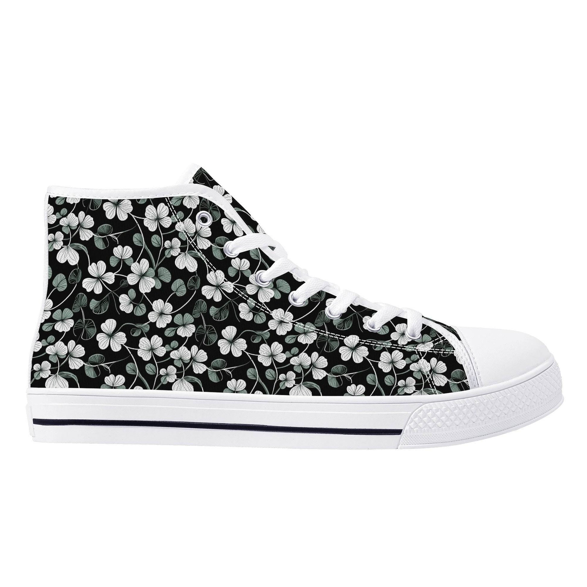 White and Green Clover Women's High Top Canvas Shoes - DeRose Seasonal