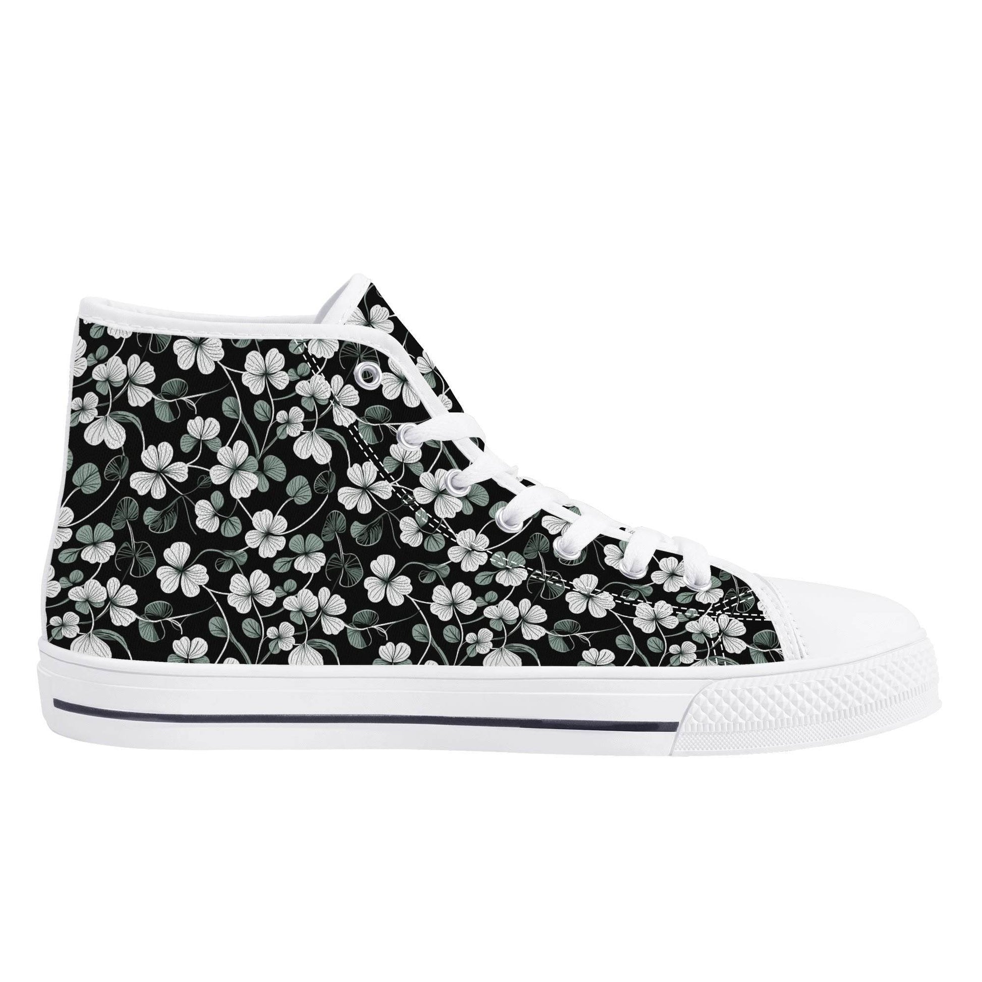 White and Green Clover Women's High Top Canvas Shoes - DeRose Seasonal