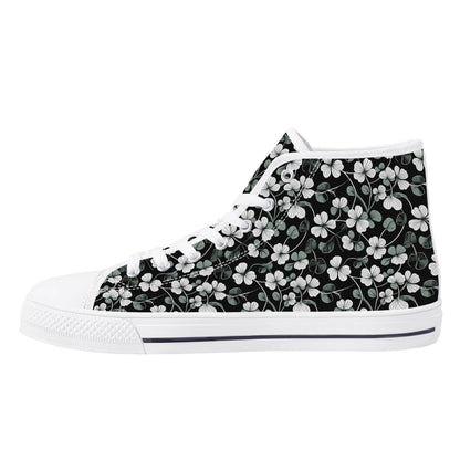 White and Green Clover Women's High Top Canvas Shoes - DeRose Seasonal