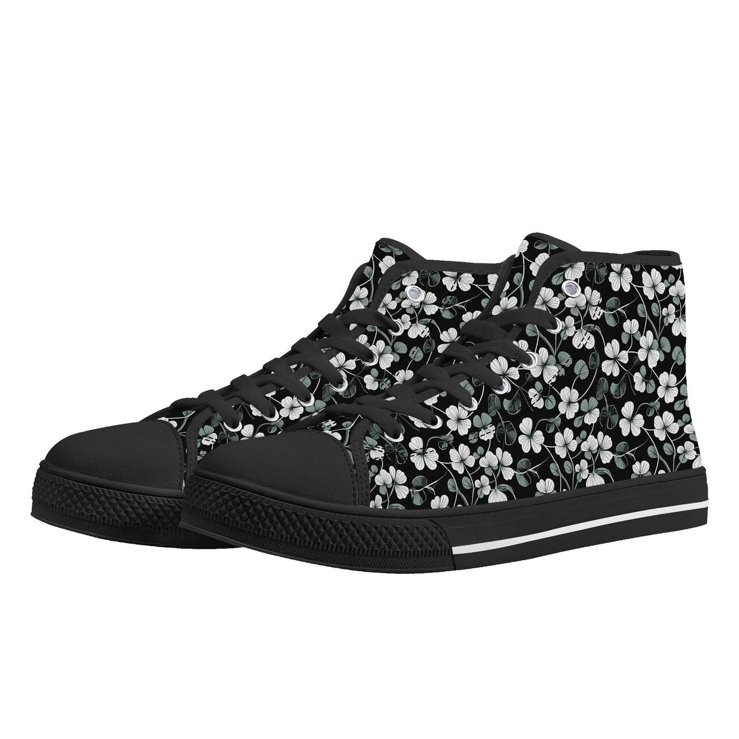 White and Green Clover Women's High Top Canvas Shoes - DeRose Seasonal