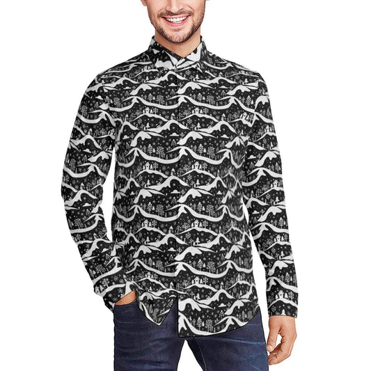 Winter Town Men's Classic Long-Sleeved Button up Polyester Dress Shirt - DeRose Seasonal