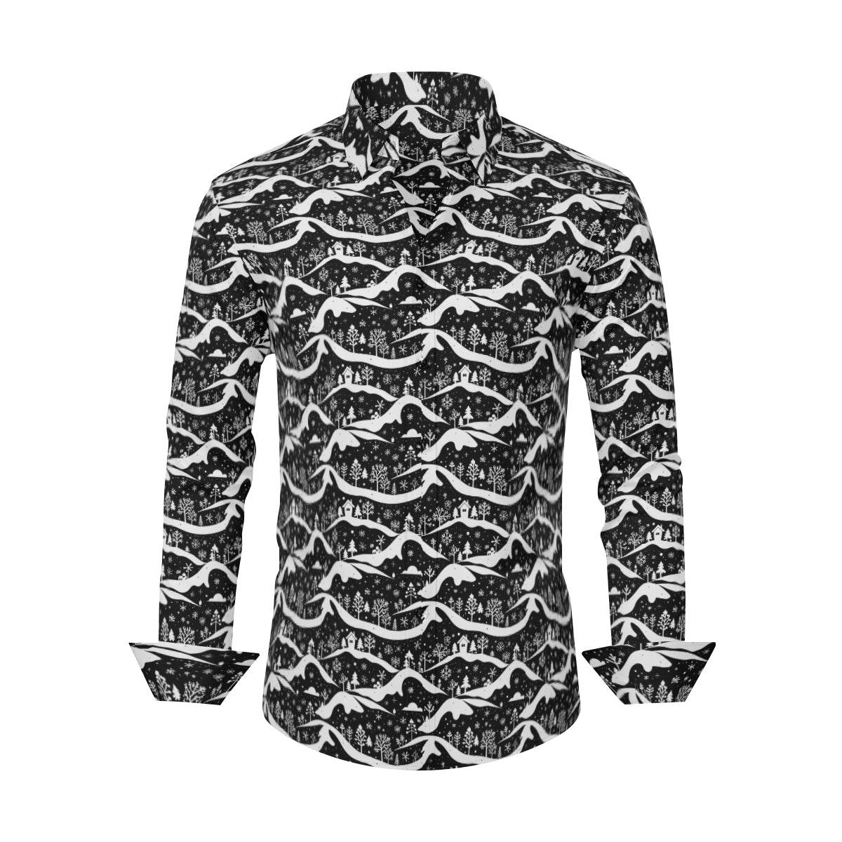 Winter Town Men's Classic Long-Sleeved Button up Polyester Dress Shirt - DeRose Seasonal