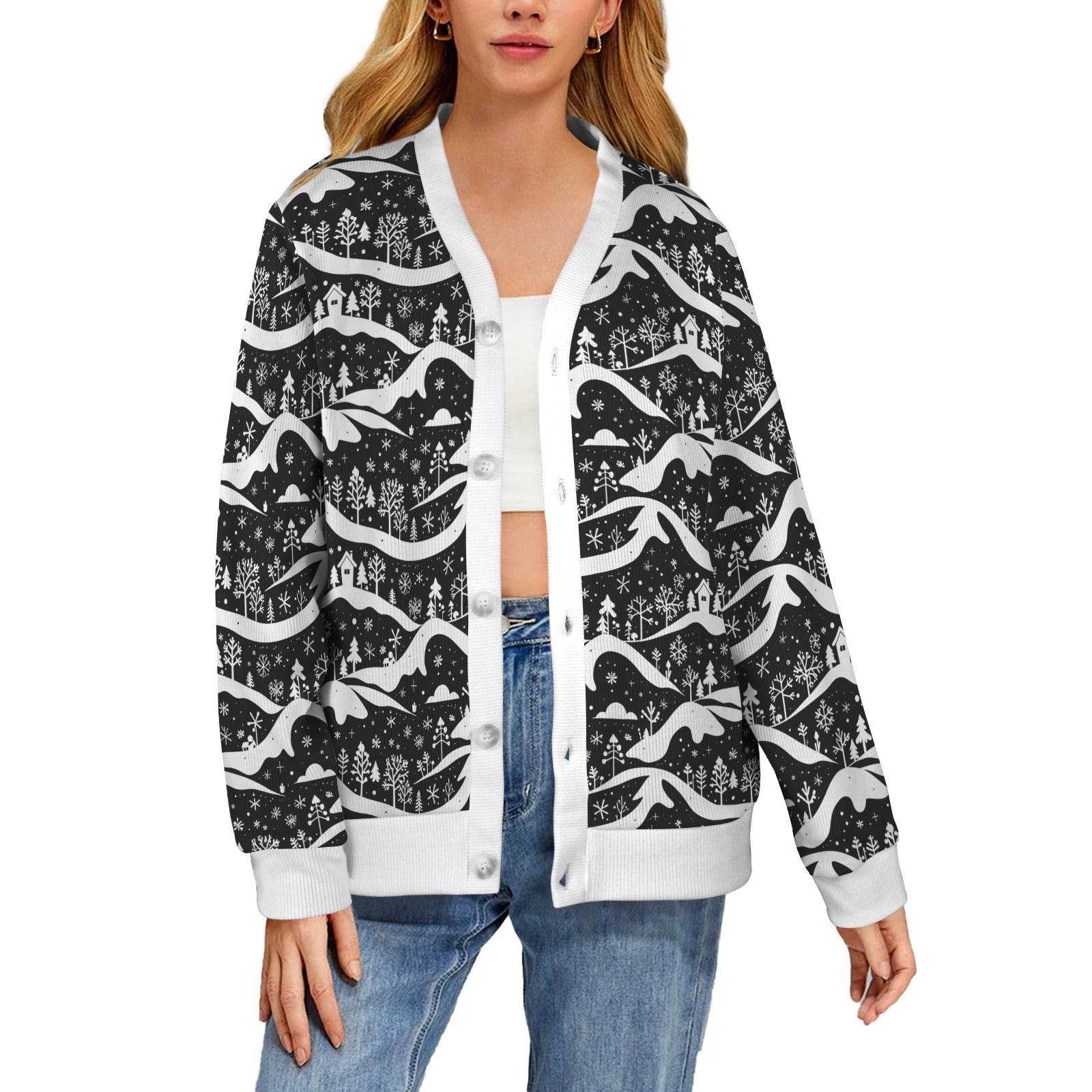 Winter Town Women's Cardigan Button Sweater Custom Women's Cardigan (Model H73) - DeRose Seasonal