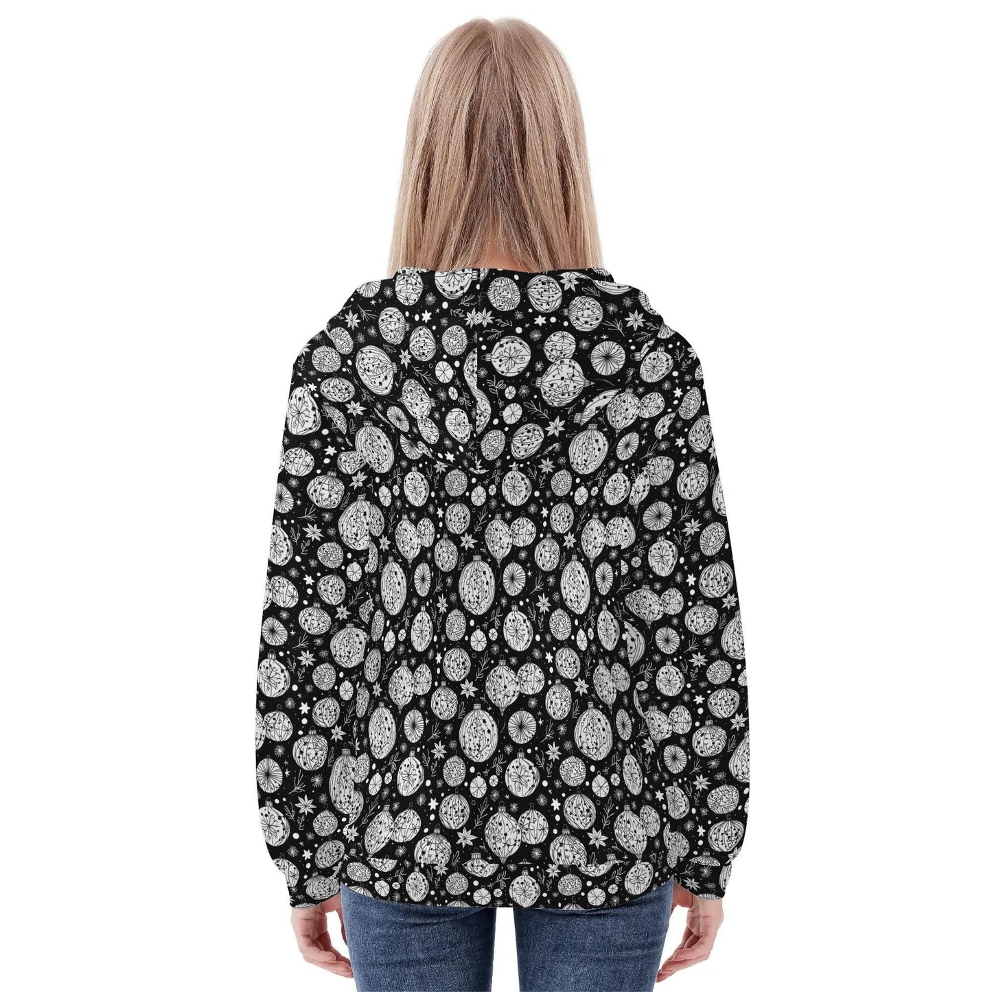 Womens Black and White Christmas Ornament Classic Zip Up Hoodie - DeRose Seasonal