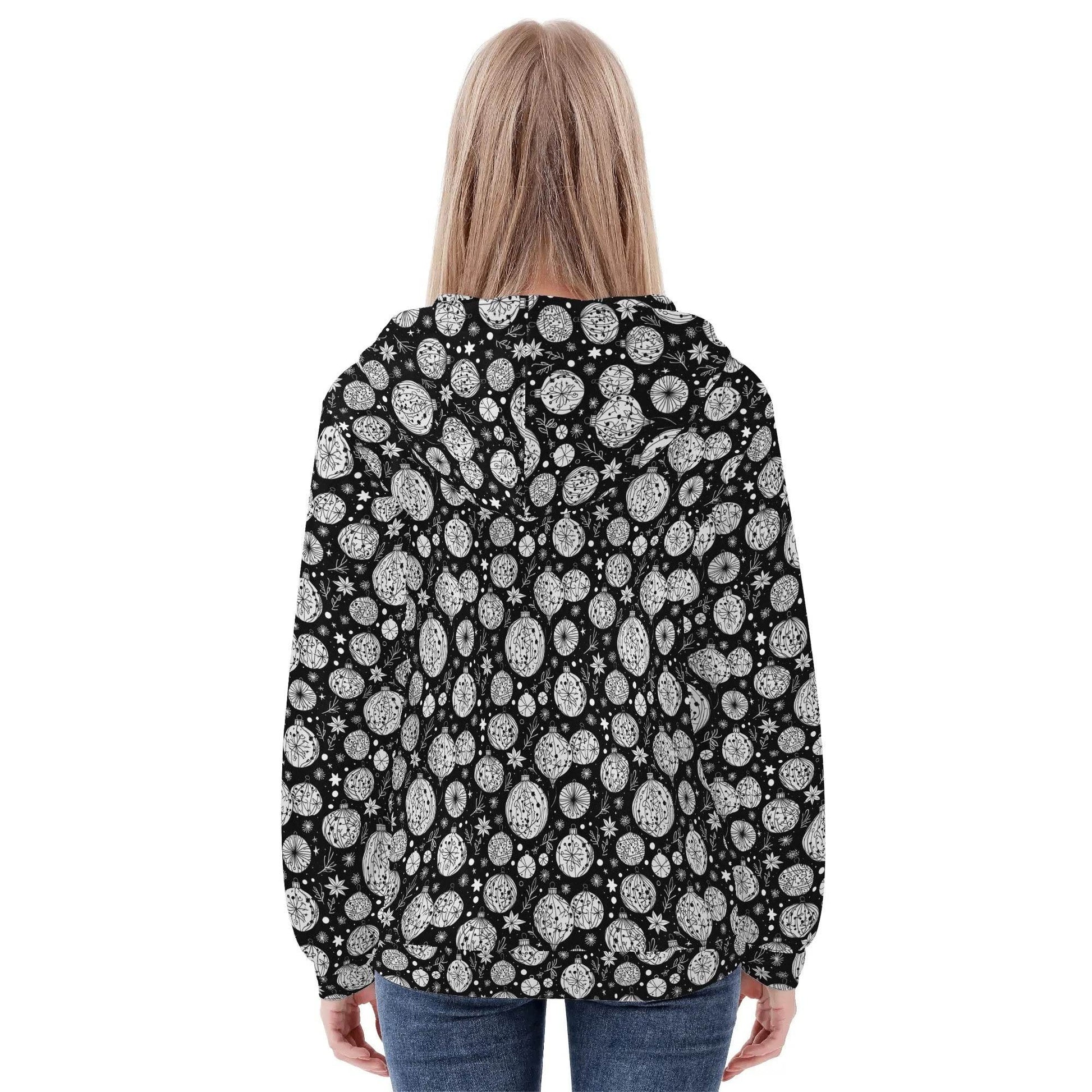 Womens Black and White Christmas Ornament Classic Zip Up Hoodie - DeRose Seasonal