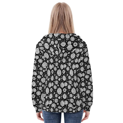 Womens Black and White Christmas Ornament Classic Zip Up Hoodie - DeRose Seasonal