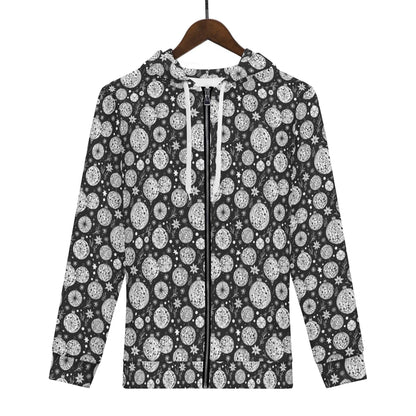 Womens Black and White Christmas Ornament Classic Zip Up Hoodie - DeRose Seasonal
