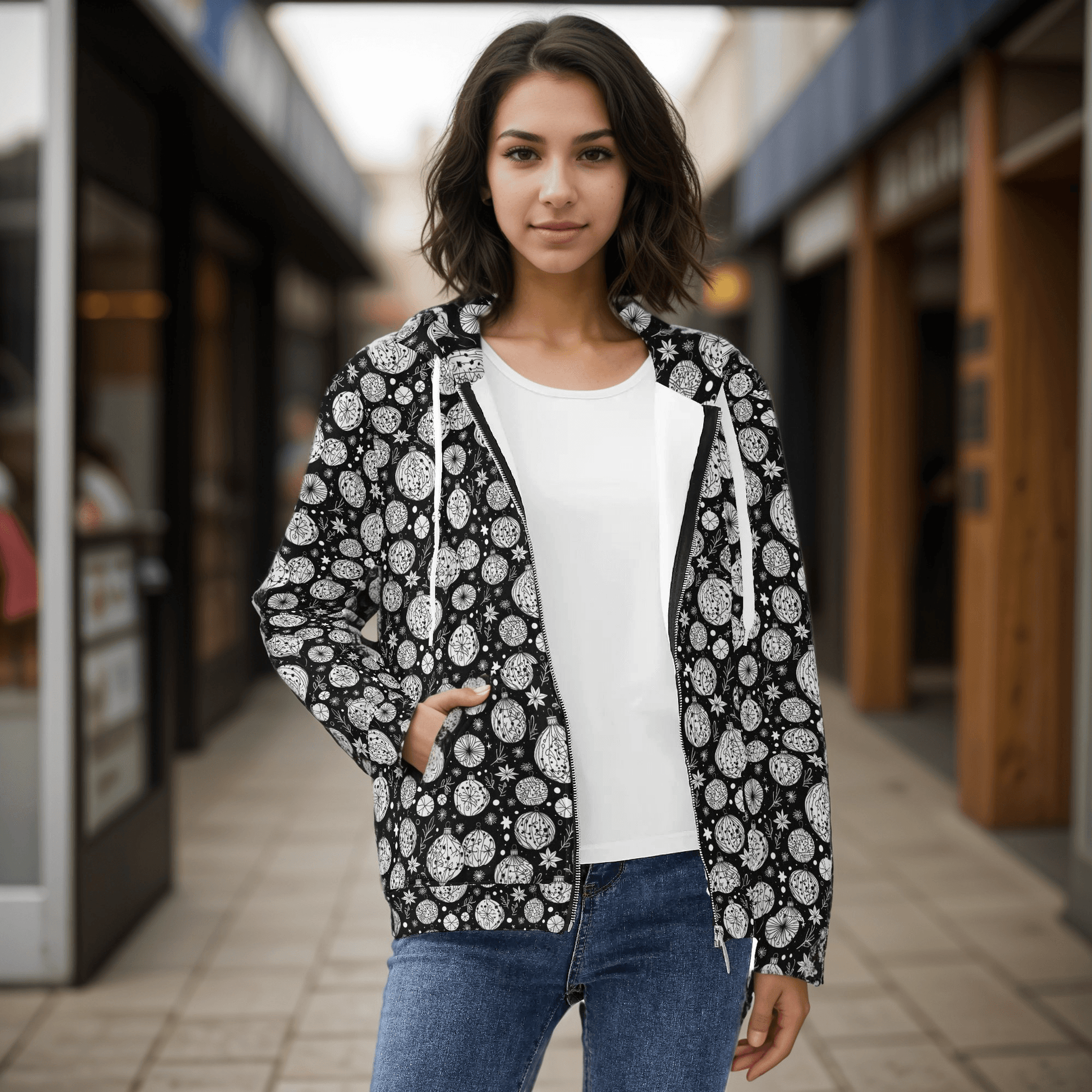 Womens Black and White Christmas Ornament Classic Zip Up Hoodie - DeRose Seasonal