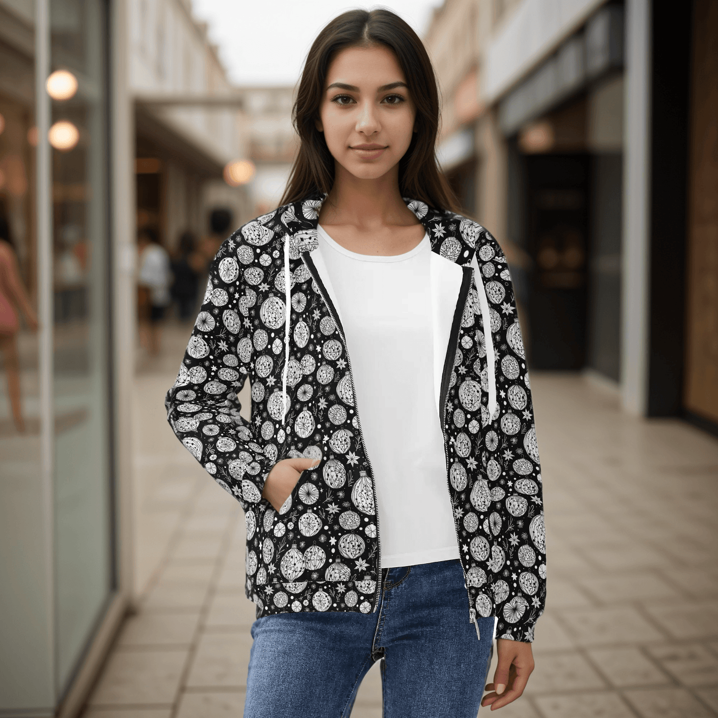 Womens Black and White Christmas Ornament Classic Zip Up Hoodie - DeRose Seasonal