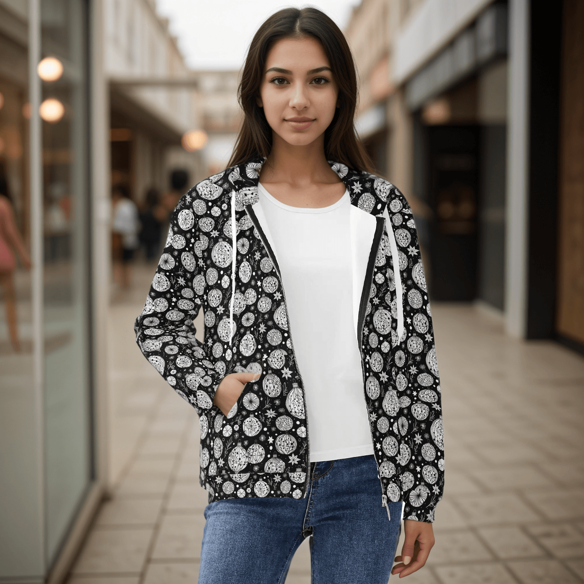 Womens Black and White Christmas Ornament Classic Zip Up Hoodie - DeRose Seasonal