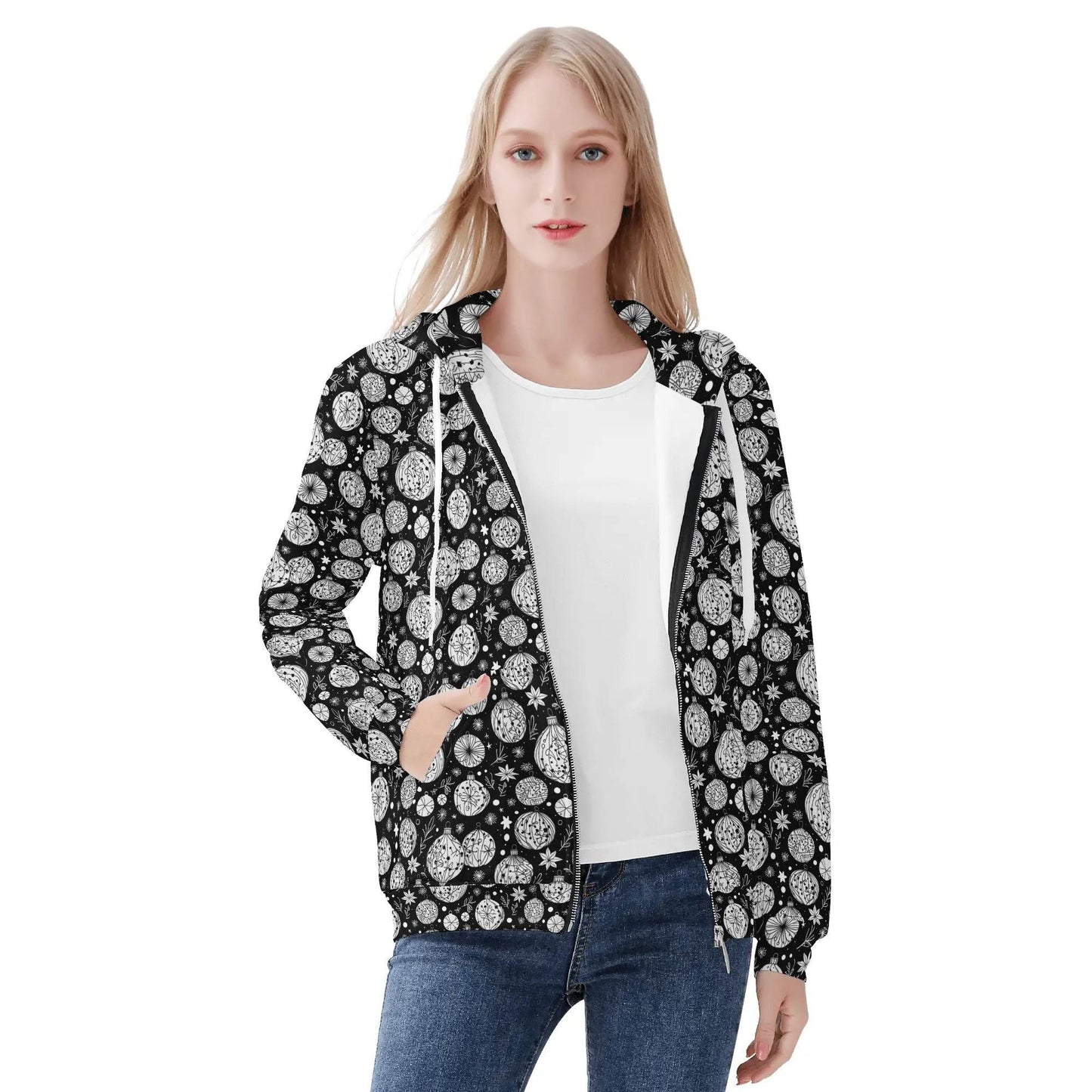 Womens Black and White Christmas Ornament Classic Zip Up Hoodie - DeRose Seasonal
