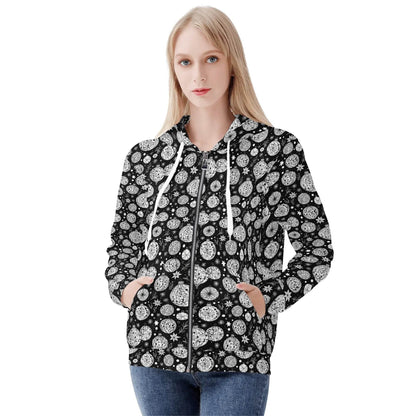 Womens Black and White Christmas Ornament Classic Zip Up Hoodie - DeRose Seasonal