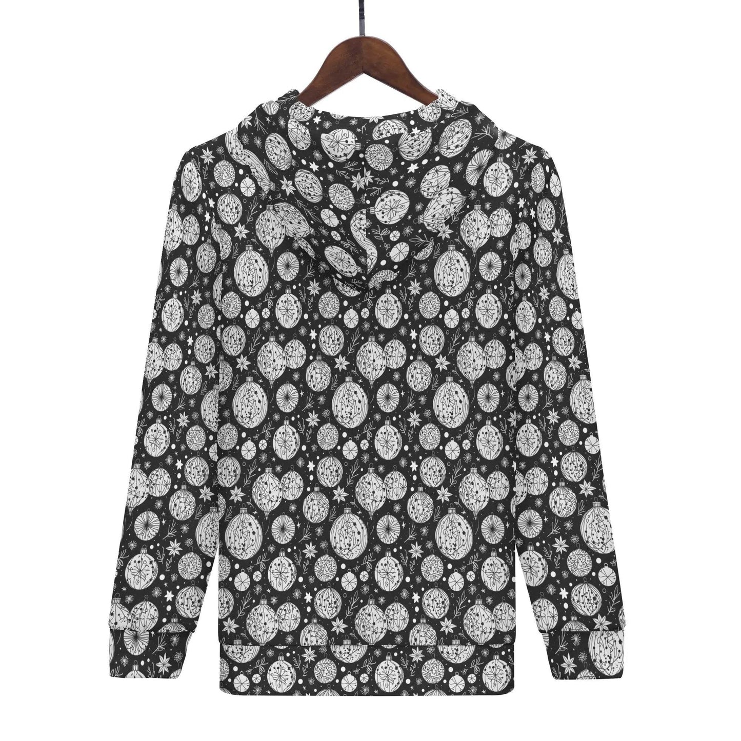Womens Black and White Christmas Ornament Classic Zip Up Hoodie - DeRose Seasonal