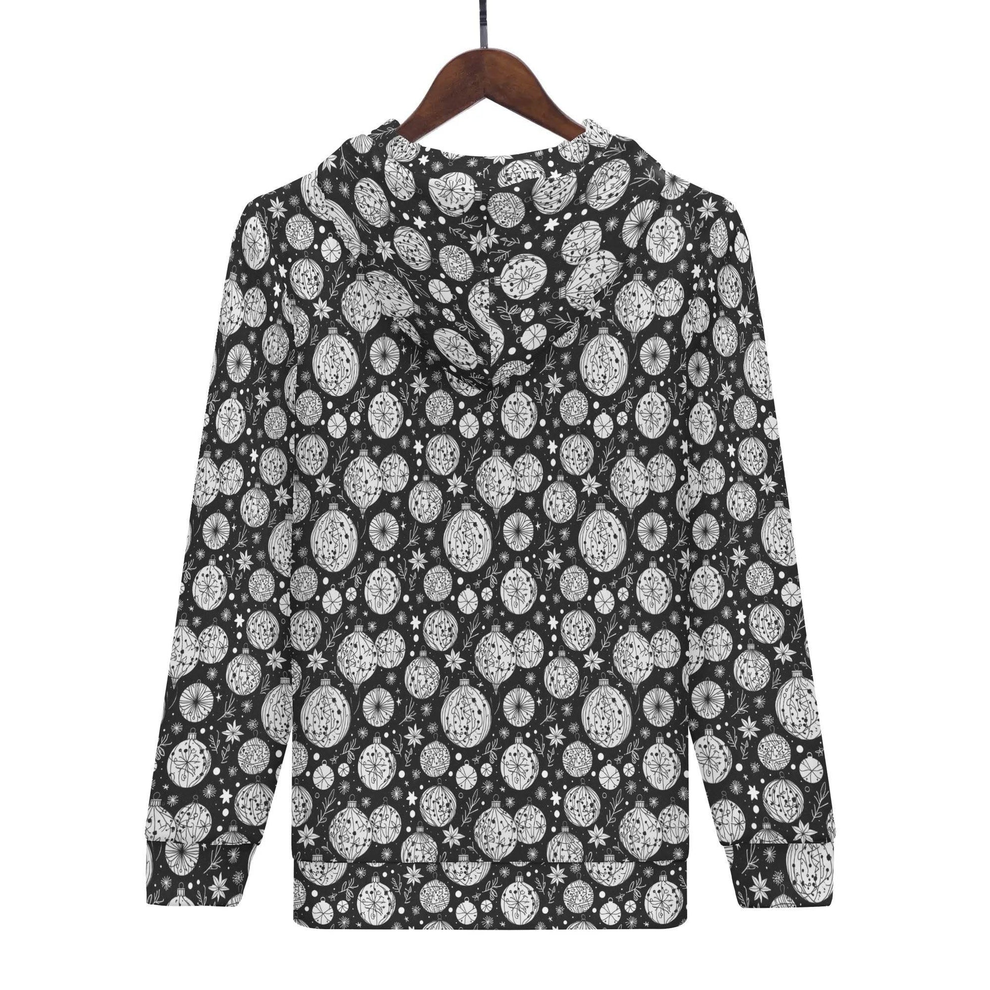 Womens Black and White Christmas Ornament Classic Zip Up Hoodie - DeRose Seasonal