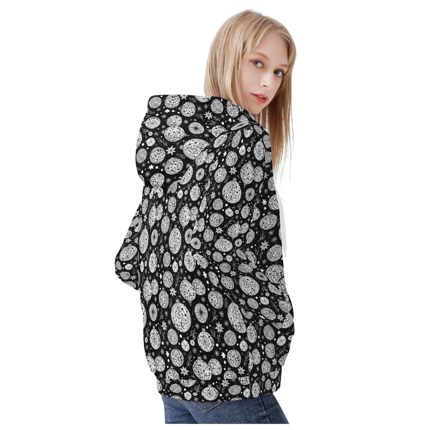 Womens Black and White Christmas Ornament Classic Zip Up Hoodie - DeRose Seasonal