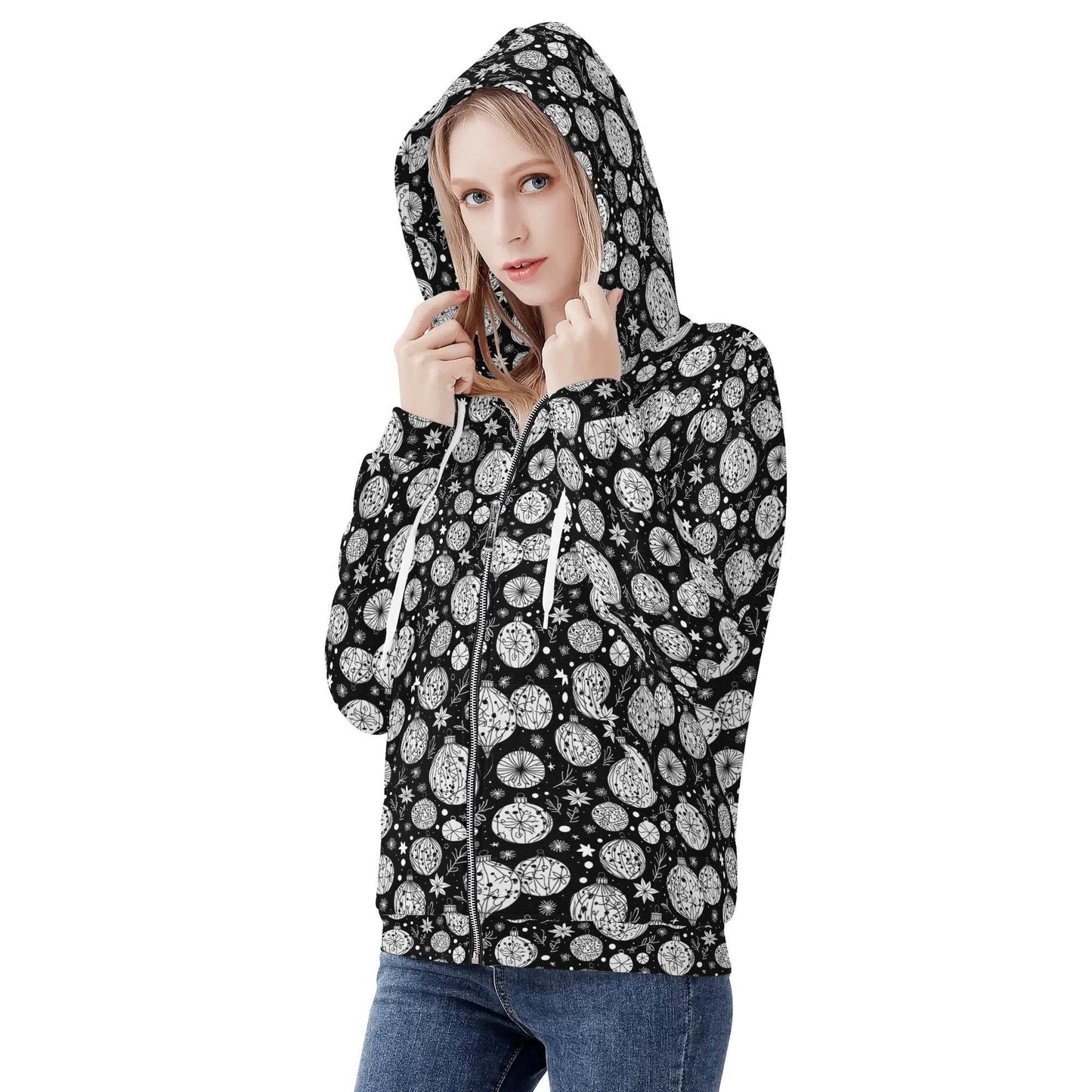 Womens Black and White Christmas Ornament Classic Zip Up Hoodie - DeRose Seasonal