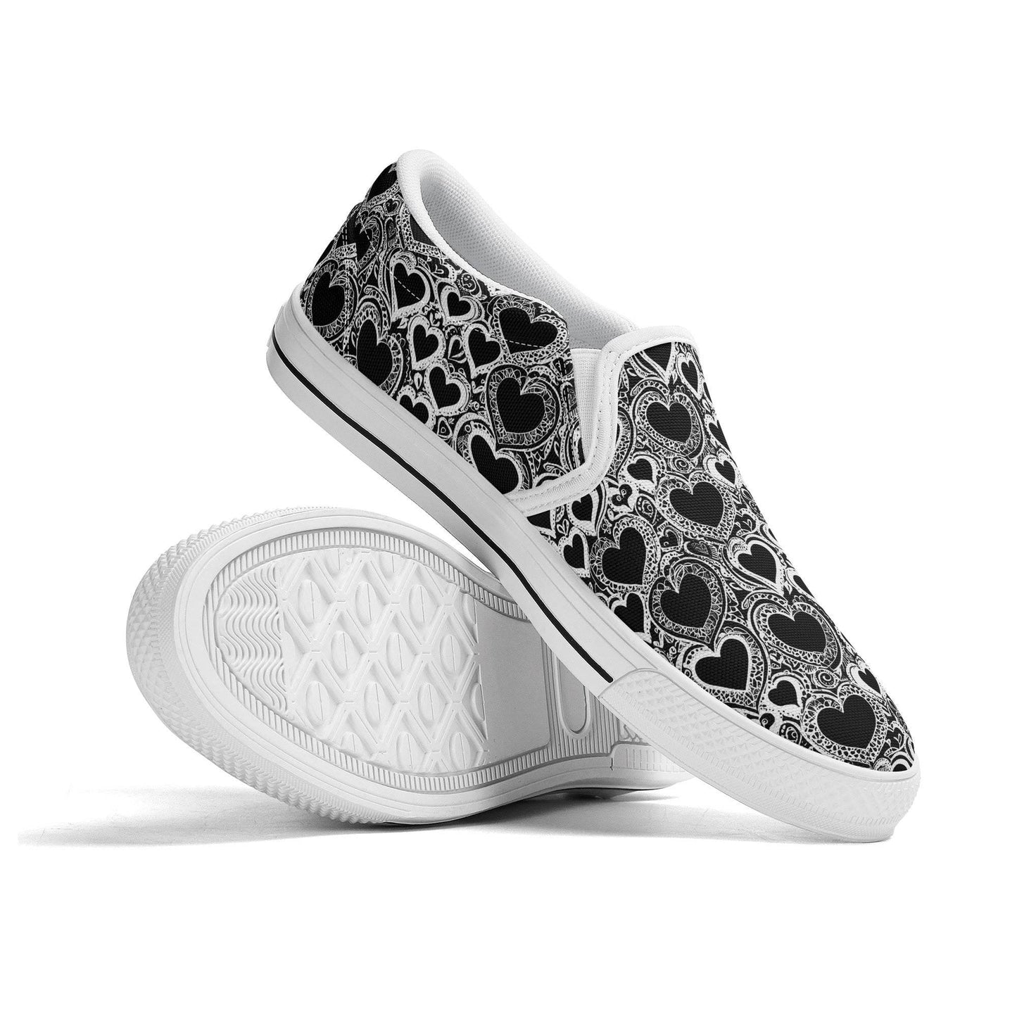 Women's Black and White Groovy Hearts Rubber Slip On Shoes - DeRose Seasonal
